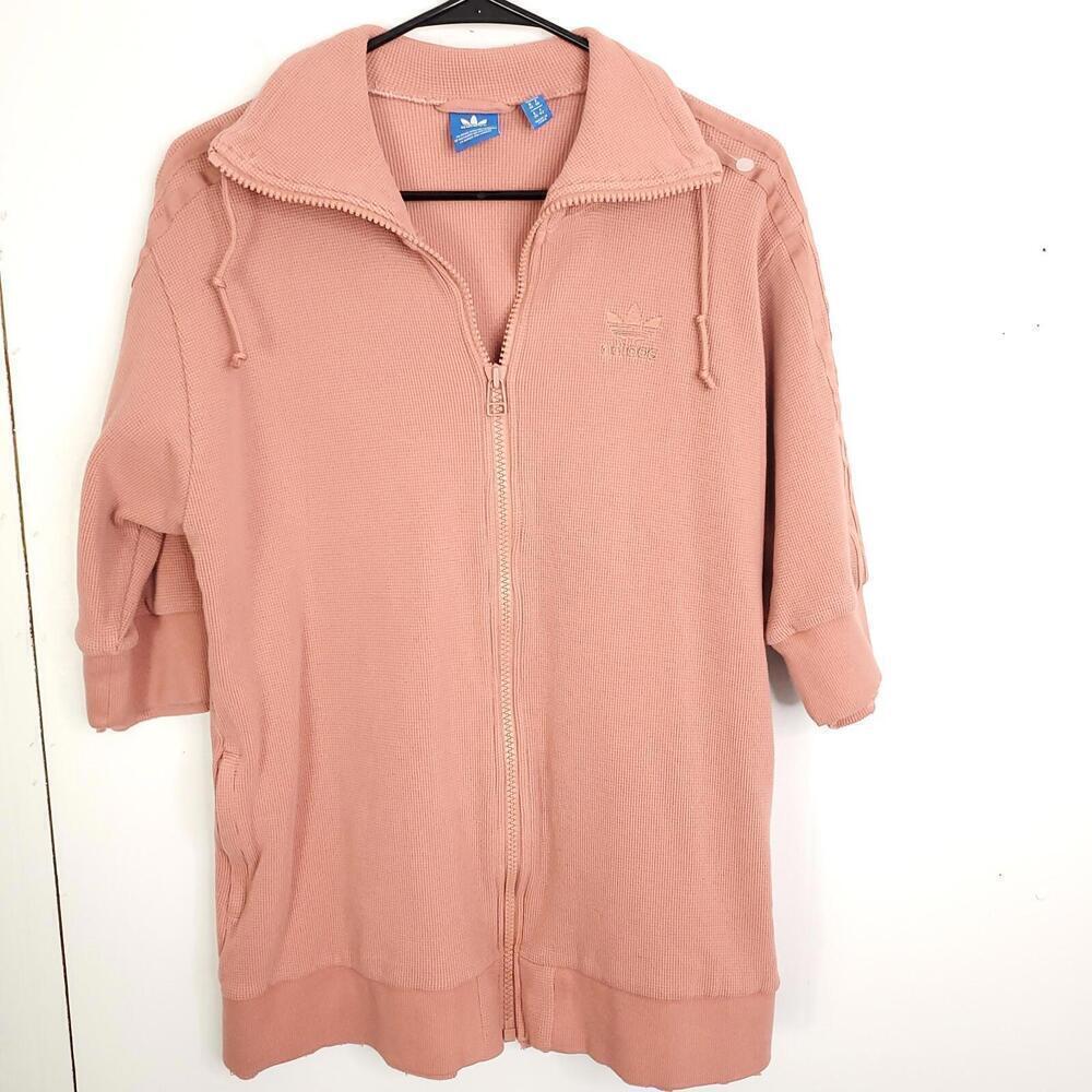 Adidas Sweater Womens Small Jacket Full Zip Half Sleeve Waffle Salmon Heavy